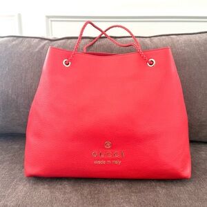 Authentic Gucci Gifford Tote Bag coral red leather large size braided handles
